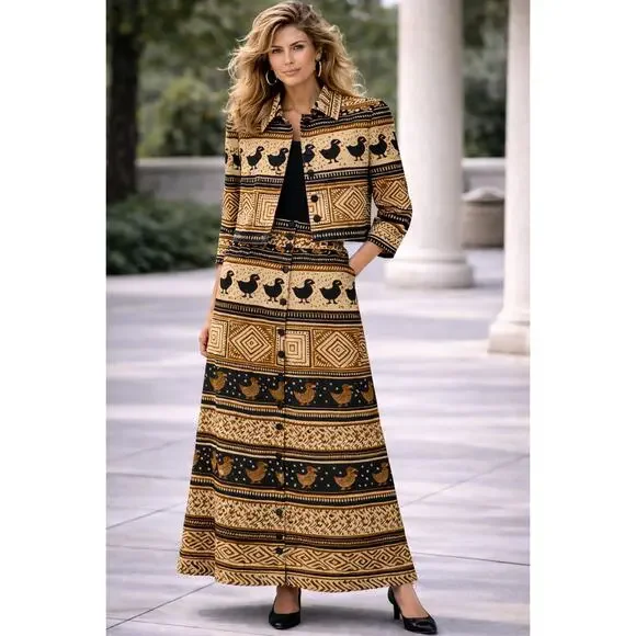 Vintage 90s Tribal Ethnic Bird Print Jacket & Button Front Maxi Skirt Set Boho - Picture 9 of 9
